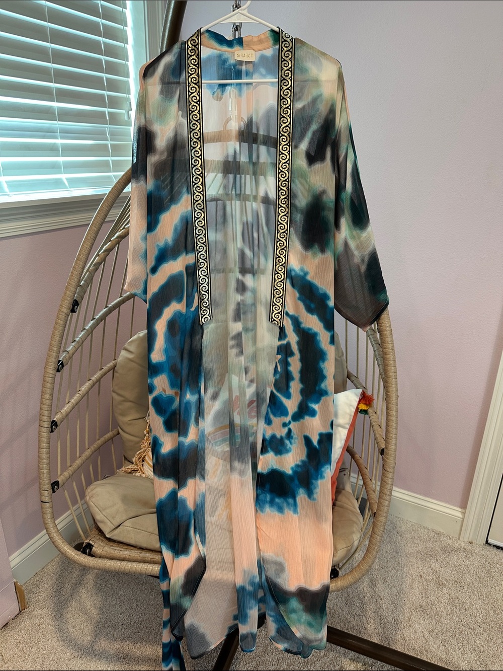 Suki Teal & Peach Watercolor Kimono Robe, swim cover up, duster